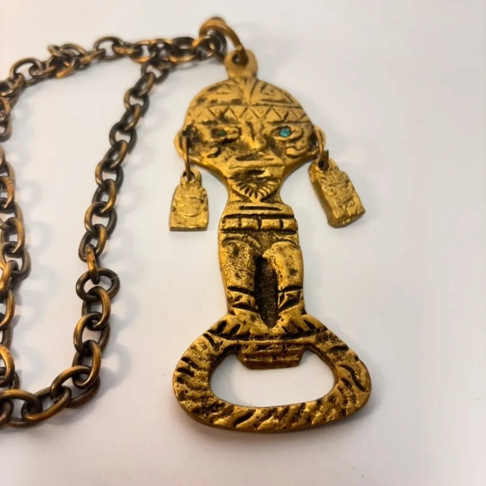 Vintage Brass Aztec Mayan Bottle Opener Gold Figural Tiki Barware Boho Statement
